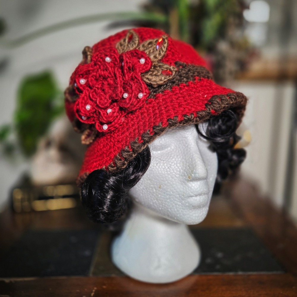 Handmade Red Knit Crochet Cloche Hat Floral Pearl Accent Bucket Hat